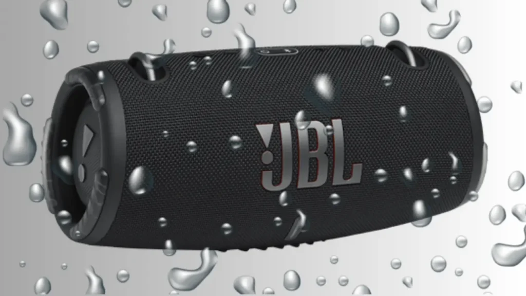 A picture of JBL Xtreme 3 with water drops on it showing its water resistant
